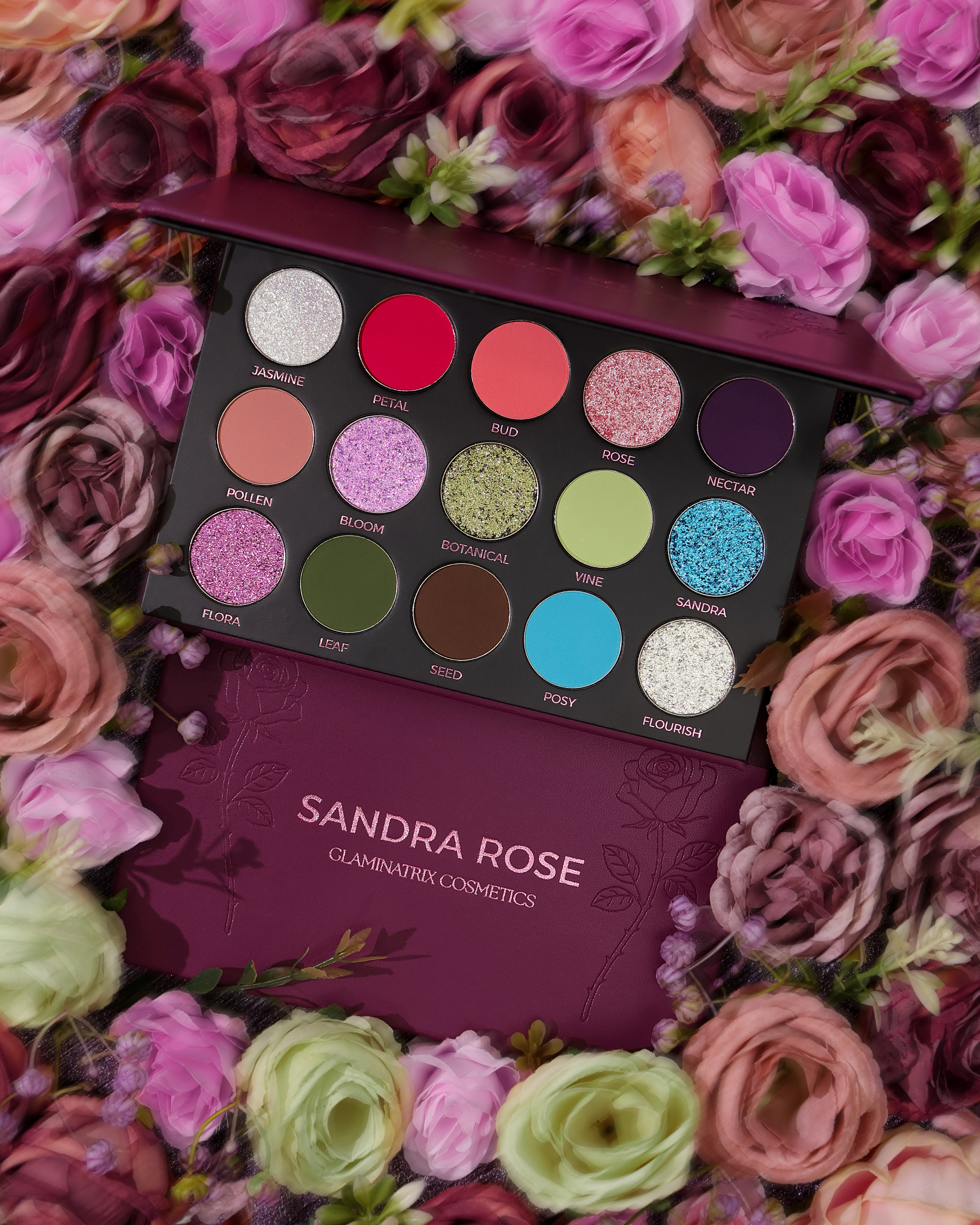 Sandra Rose Palette (mauve vegan leather exterior, debosseded roses)